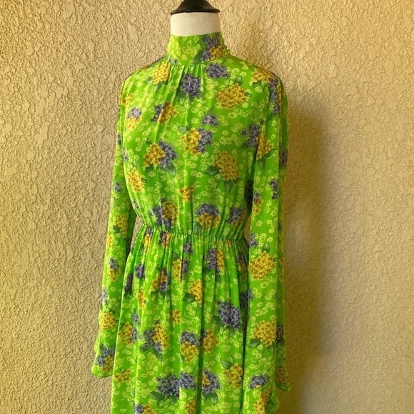 Les Reveries Silk Lime Green With Purple & Gold Floral Print Midi Dress  6 EUC‎ - Picture 2 of 12